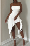 White Sexy Solid Color Ruffle Hem Strapless Irregular Dresses