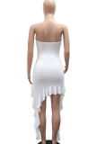 White Sexy Solid Color Ruffle Hem Strapless Irregular Dresses