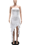 White Sexy Solid Color Ruffle Hem Strapless Irregular Dresses