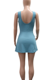 Blue Casual Solid Color Strap Design O Neck Sleeveless Two Pieces