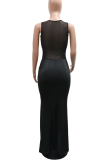 Black Sexy Solid Color See-Through O Neck Long Dresses