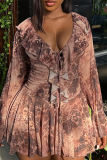 Brown Sexy Leopard Print Flounce V Neck Printed Dresses