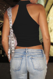 White Sexy Solid Color Metal Accessories Trim O Neck Tops