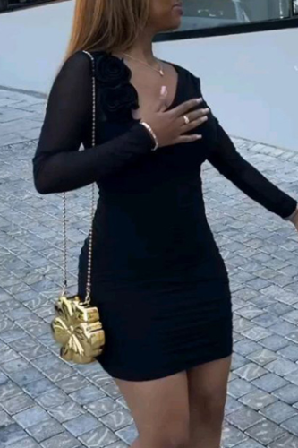 Black Sexy Solid Color Flower Shape Asymmetrical Collar Wrapped Skirt Dresses