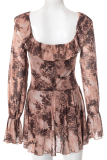 Brown Sexy Leopard Print Flounce V Neck Printed Dresses