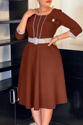 Brown Elegant Solid Color With Belt O Neck Long Dresses