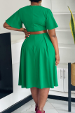 Green Elegant Solid Color With Belt V Neck Long Dresses