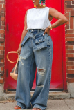 Blue Casual Solid Color Ripped Mid Waist Loose Denim Jeans