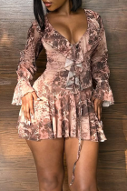 Brown Sexy Leopard Print Flounce V Neck Printed Dresses