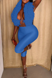 Blue Casual Solid Color Backless Deep V Neck Sleeveless Two Pieces