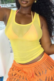Yellow Sexy Solid Color See-Through Square Neck Tops