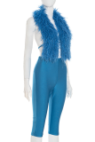 Blue Casual Solid Color Backless Deep V Neck Sleeveless Two Pieces