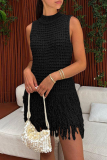 Cream White Sexy Solid Color Fringed Trim O Neck Wrapped Skirt Dresses