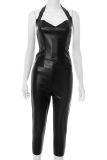 Black Sexy Solid Color Backless Halter Sleeveless Two Pieces