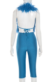 Blue Casual Solid Color Backless Deep V Neck Sleeveless Two Pieces