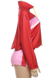 Red Casual Zipper Contrast Zipper Collar Long Sleeve Two Pieces