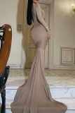 Khaki Elegant Solid Color Hollow Out Strap Design O Neck Evening Dresses