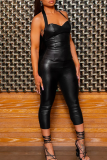Black Sexy Solid Color Backless Halter Sleeveless Two Pieces