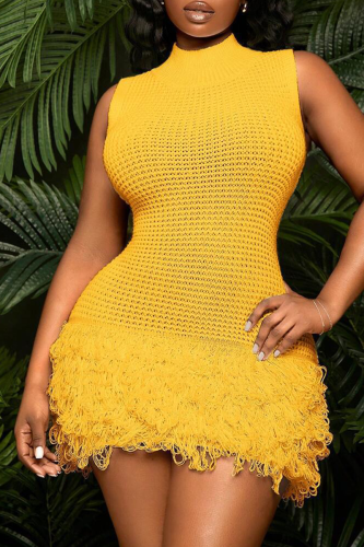 Yellow Sexy Solid Color Fringed Trim O Neck Wrapped Skirt Dresses
