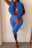 Blue Casual Solid Color Backless Deep V Neck Sleeveless Two Pieces