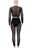 White Casual Solid Color Mesh Zipper O Neck Long Sleeve Two Pieces