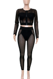 White Casual Solid Color Mesh Zipper O Neck Long Sleeve Two Pieces