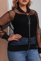 Black Casual Solid Color Mesh Zipper Zipper Collar Plus Size Overcoat