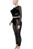 White Casual Solid Color Mesh Zipper O Neck Long Sleeve Two Pieces
