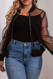 Black Casual Solid Color Mesh Zipper Zipper Collar Plus Size Overcoat