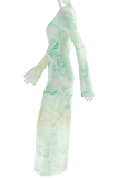 Green Elegant Print Patchwork O Neck Long Dresses