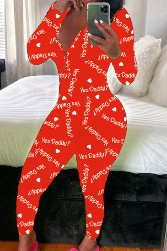Red Casual Print Buttons V Neck Skinny Jumpsuits