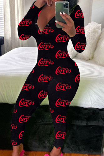 Black Red Casual Print Buttons V Neck Skinny Jumpsuits