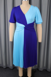 Blue Elegant Pleated Contrast V Neck Evening Dresses