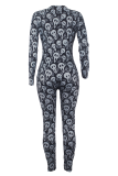 Black And White Casual Print Buttons V Neck Skinny Jumpsuits