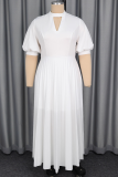 White Elegant Solid Color Hollow Out Pleated O Neck Evening Dresses