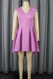 Light Purple Elegant Solid Color Flower Shape Deep V Neck A Line Dresses