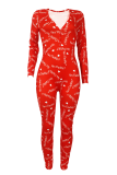 Red Casual Print Buttons V Neck Skinny Jumpsuits