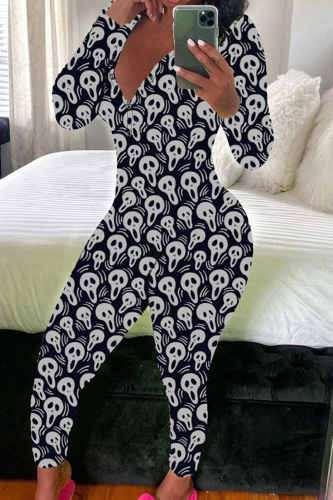 Black And White Casual Print Buttons V Neck Skinny Jumpsuits