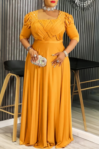Yellow Elegant Solid Color Ruched Square Neck Long Plus Size Dresses