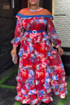 Red Elegant Print With Belt Hot Drill Contrast O Neck Long Plus Size Dresses