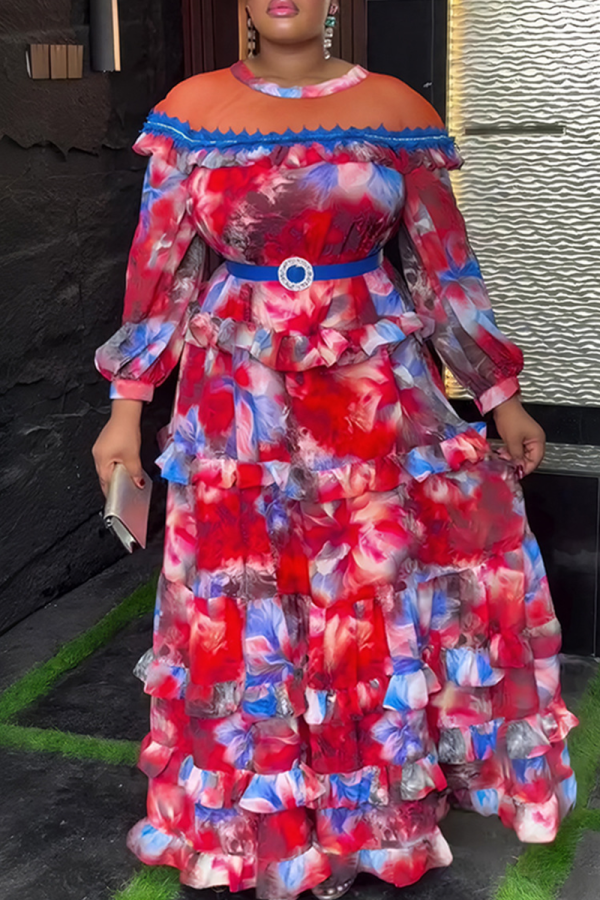 Red Elegant Print With Belt Hot Drill Contrast O Neck Long Plus Size Dresses
