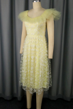 Yellow Party Elegant Solid Color Flowers Mesh Square Neck A Line Dresses