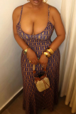Purple Yellow Sexy Print Patchwork Spaghetti Strap Long Dresses