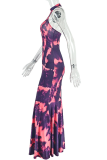 Purple Orange Elegant Print Patchwork O Neck Long Dresses