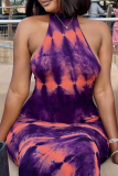 Purple Orange Elegant Print Patchwork O Neck Long Dresses