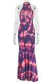 Purple Orange Elegant Print Patchwork O Neck Long Dresses