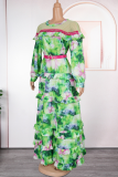 Green Elegant Print With Belt Hot Drill Contrast O Neck Long Plus Size Dresses