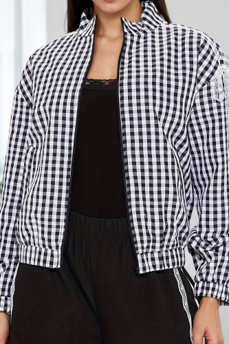 Navy Blue Casual Plaid Lace Zipper Zipper Collar Outerwear