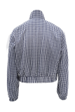 Navy Blue Casual Plaid Lace Zipper Zipper Collar Outerwear