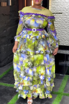 Yellow Elegant Print With Belt Hot Drill Contrast O Neck Long Plus Size Dresses